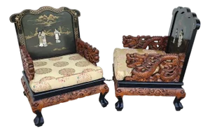 Chinese Hand-Carved Dragon Throne Armchairs Pair