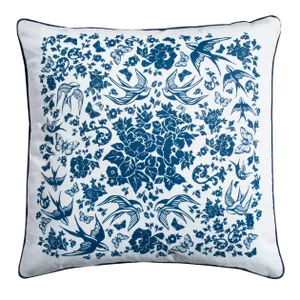 Swallow Garden Blue and White 22" Throw Pillow, Cotton and Velvet