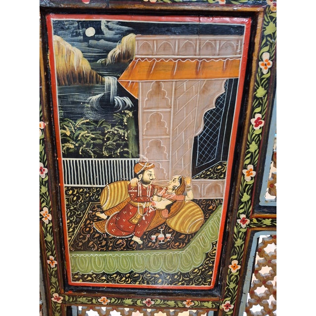 Early 20th Century Indian Polychrome Four Panel Folding Screen For Sale - Image 9 of 12