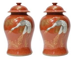 Pair of Chinese Late 19th - Early 20th Century Jingdezhen Kiln Coral-Red and Gilt “Pine and Crane for Longevity” Covered Jar