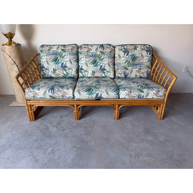 Wood Vintage Ficks Reed Style Bamboo Rattan Sofa With Floral Print Upholstery/ Sold For Sale - Image 7 of 12