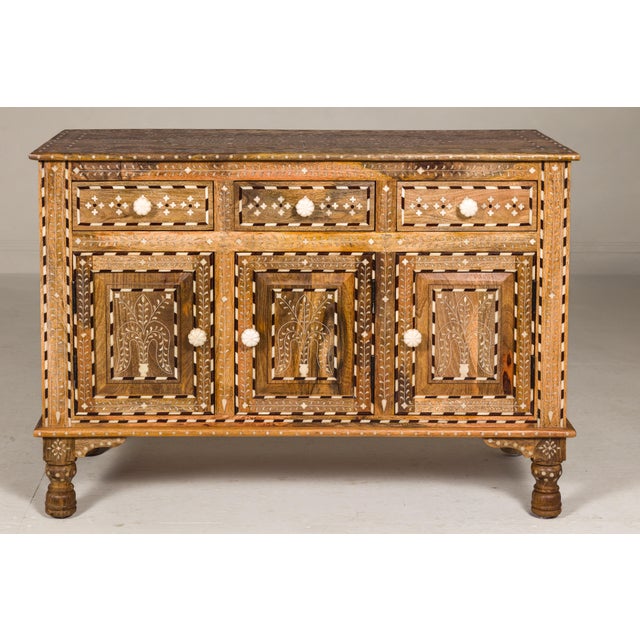 Brown Anglo-Indian Style Mango Wood Buffet with Geometric Bone Inlay For Sale - Image 8 of 12