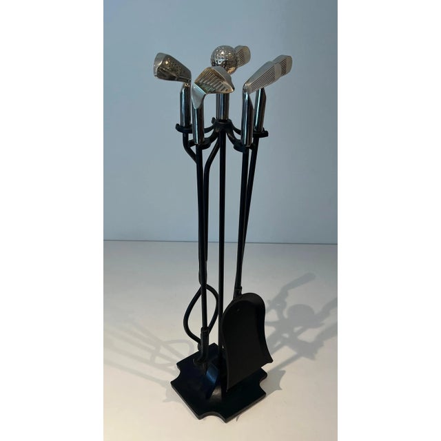 Mid-Century Modern Fireplace Tools in Black Lacquered Metal and Chrome on Stand Model "golf - 5 Pieces For Sale - Image 3 of 12