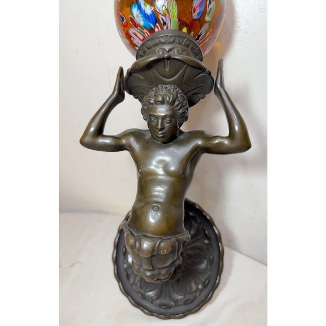 Antique Figural Patinated Bronze Man Wall Sconce Fixture Millefiori Glass Shade For Sale - Image 9 of 17