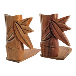 Vintage Tiki Wood Bamboo Tropical Bookends For Sale