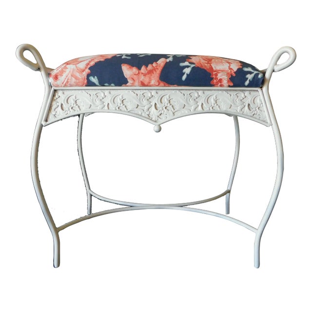 Vintage Mid Century White Iron Blue Coral Upholstered Vanity Stool Bench For Sale