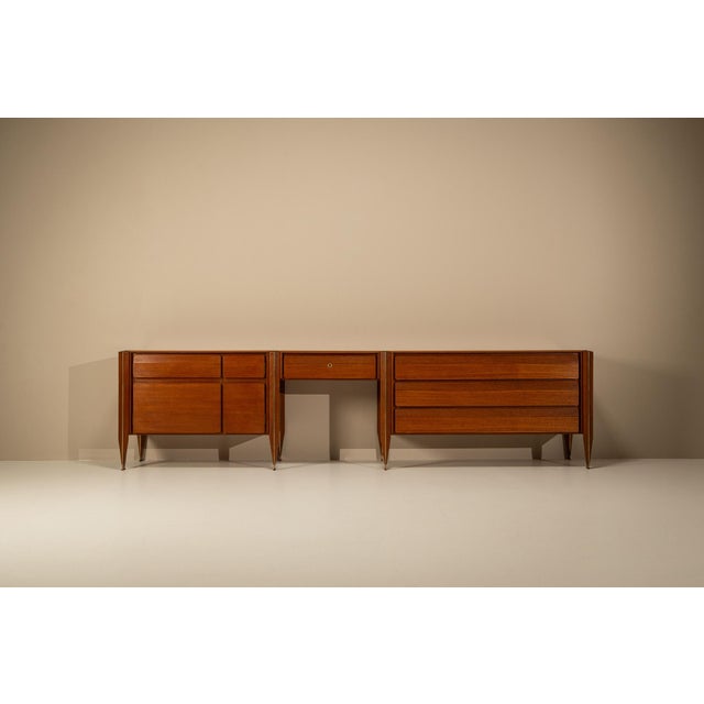 Designed by Giulio Moscatelli for Tonelli e Broggi, this original wood, brass and Carrara marble sideboard desk was...