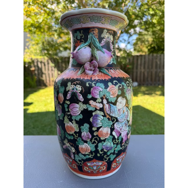 Vintage Chinese Ceramic Vase W/Butterflies, Flowers & Pomegranate Fruit Handles For Sale - Image 12 of 16