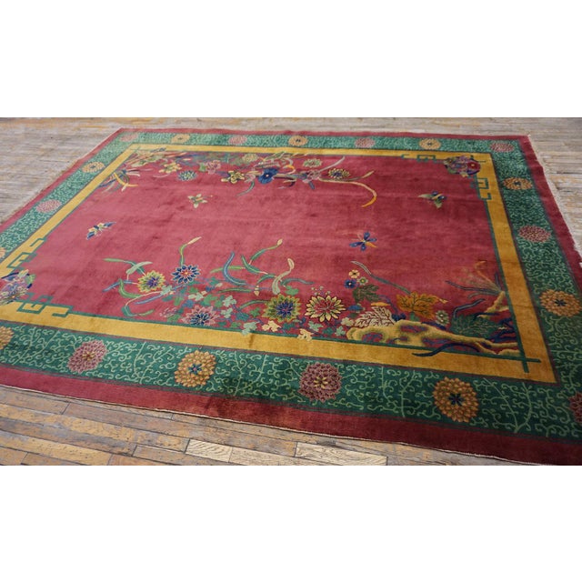 1920s Fuschia Floral Modern Antique Chinese Art Deco Rug 8'9" X 11'6" Handknotted Wool Carpet For Sale - Image 4 of 13