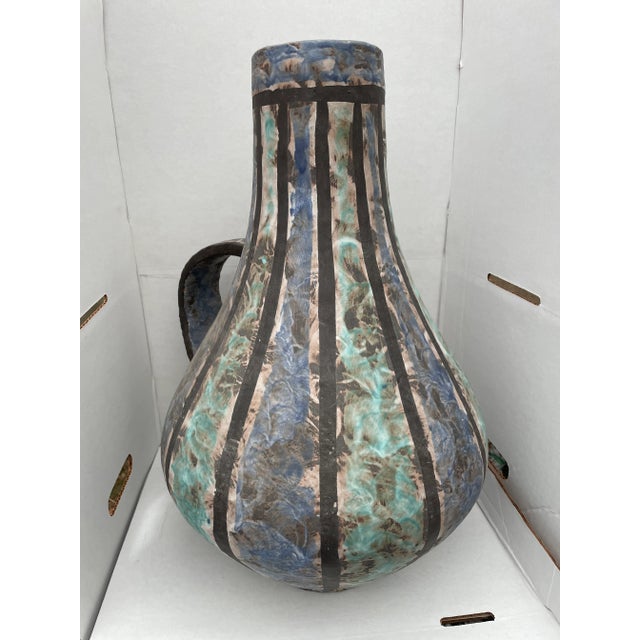 Blue Vintage 1950s Italian Mottled Blue Pottery Handled Vase For Sale - Image 8 of 13