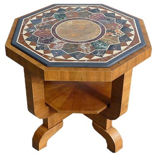 Art Deco Octagonal Coffee Table in Walnut & Marble Top with Geometric Inlays, 1920s For Sale