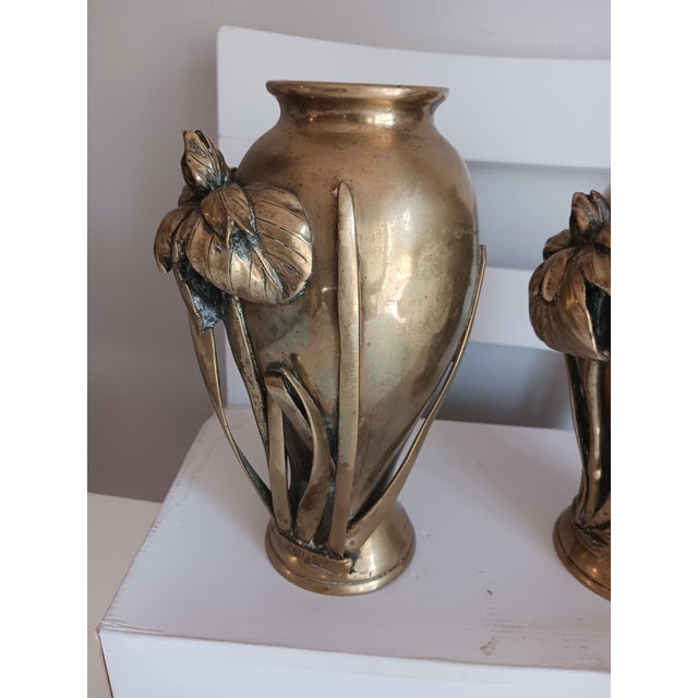 Antique Pair Japanese Bronze Iris Vases 19th C. Meiji Period Signed For Sale - Image 4 of 10