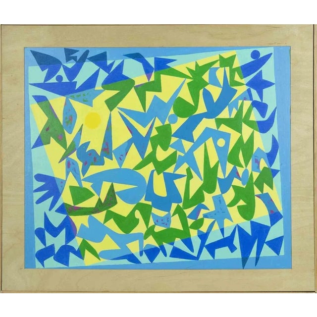 Modern Leo Guida, Abstract in Yellow and Blue, Tempera on Plywood, 1970s For Sale - Image 3 of 3