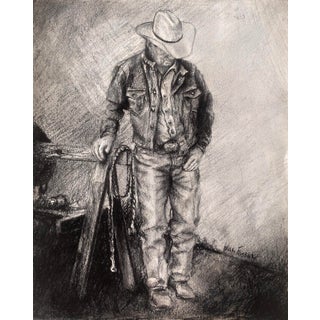 Back At The Stables (II) by James Van Fossan | Charcoal and Graphite on Paper Cowboy in a Stable For Sale
