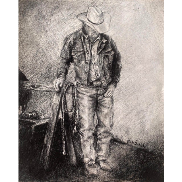 Back At The Stables (II) by James Van Fossan | Charcoal and Graphite on Paper Cowboy in a Stable For Sale