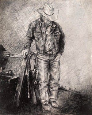 Back At The Stables (II) by James Van Fossan | Charcoal and Graphite on Paper Cowboy in a Stable