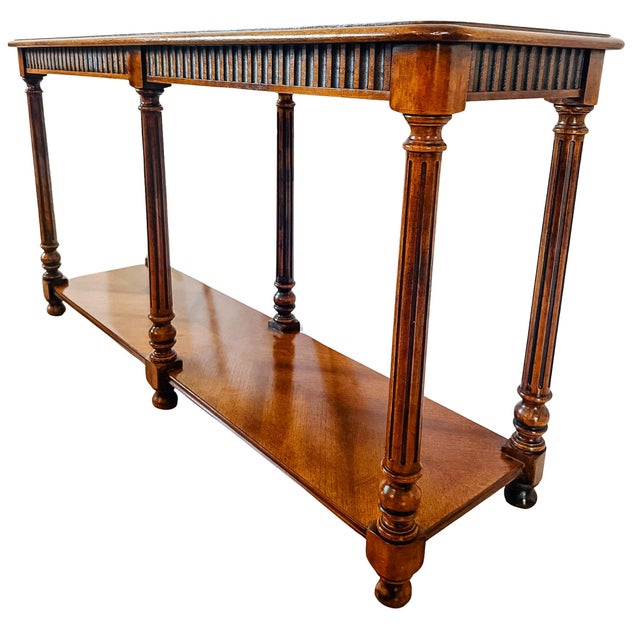 French Vintage Neoclassical Two-Tier Sofa Walnut Table With Inset Glass Top & Fluted Legs For Sale - Image 3 of 8