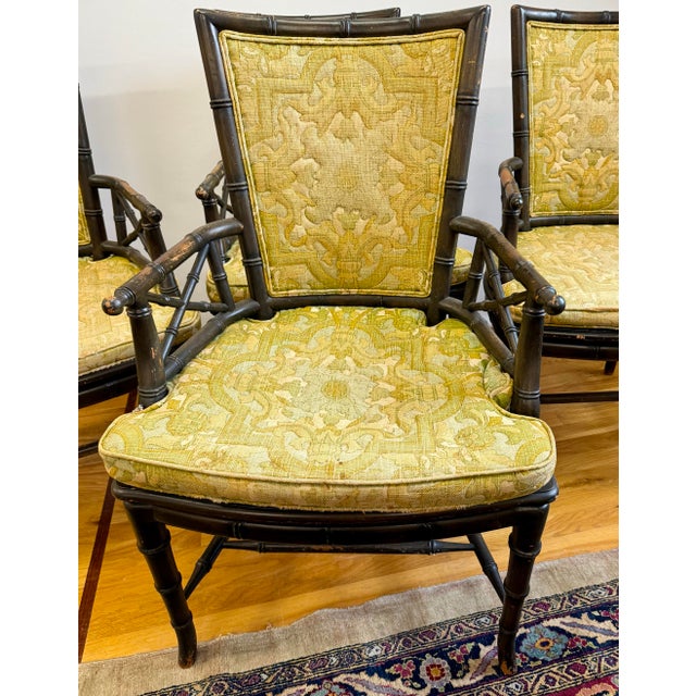 Brown Set of Four Vintage Faux Bamboo Armchairs Dining Chairs With Cane Seats For Sale - Image 8 of 11