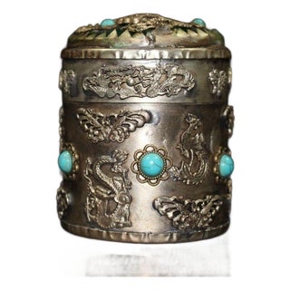 Vintage Tibetan Silver-Plated Tea Caddy With Turquoise Dragons For Sale