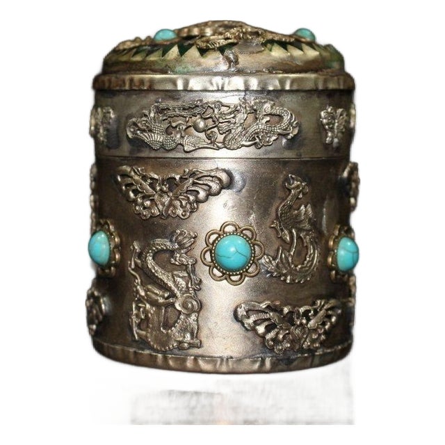 Vintage Tibetan Silver-Plated Tea Caddy With Turquoise Dragons For Sale