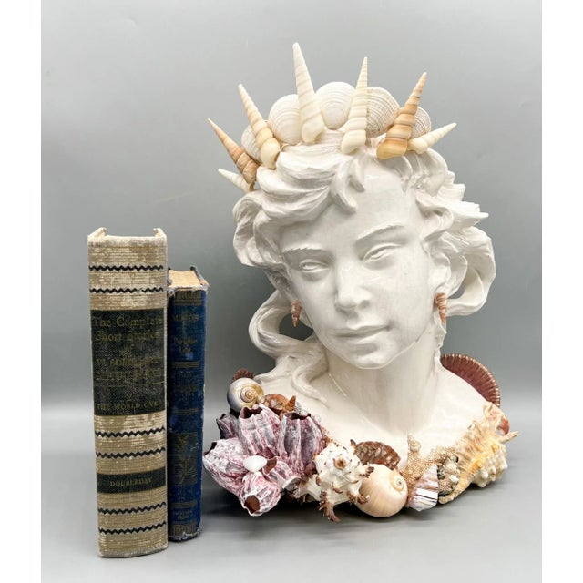 Contemporary Vintage Nautical Seashell Shell Encrusted Ceramic Bust Sea Princess Woman For Sale - Image 3 of 13