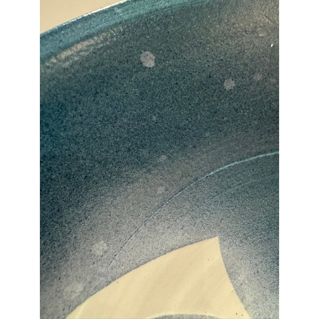 1980s Large 17" Studio Pottery Bowl Signed Hughes Blue Sprayed Glaze Tomoe Swirl 1980s For Sale - Image 5 of 10