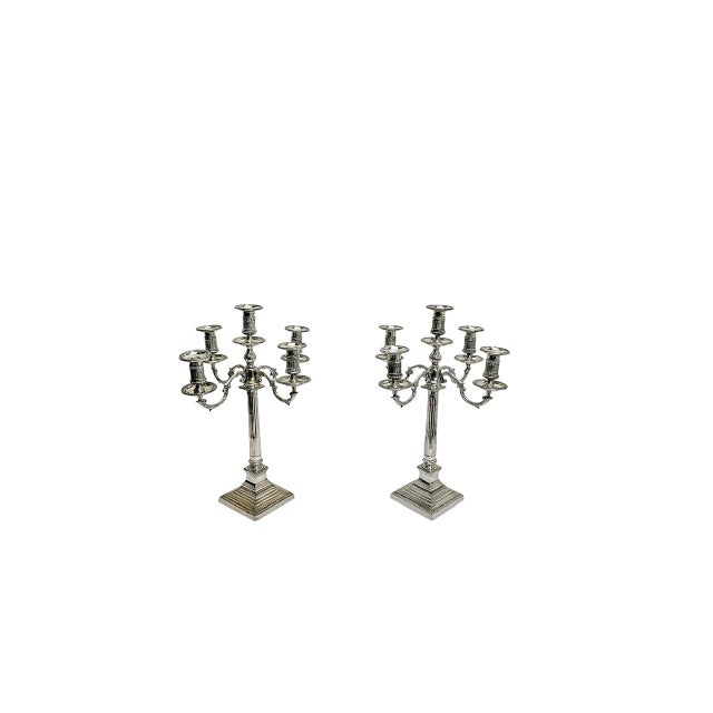 Large Empire Silverplated Brass Five-Arm Candelabras, 1940s, Set of 2 For Sale - Image 4 of 14