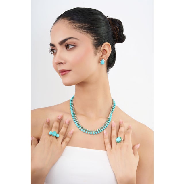 Contemporary 47.9ct Turquoise, Emerald & 2.1ct Diamond 14k White Gold Wedding Necklace For Sale - Image 9 of 17
