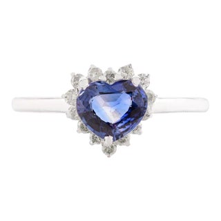 14k White Gold Genuine Heart Cut Blue Sapphire Halo Diamond Promise Ring Size 7 For Sale