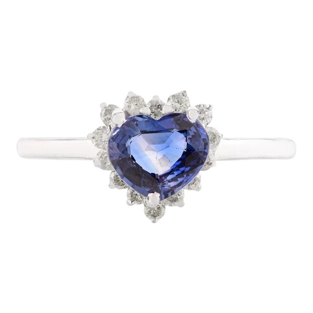 14k White Gold Genuine Heart Cut Blue Sapphire Halo Diamond Promise Ring Size 7 For Sale