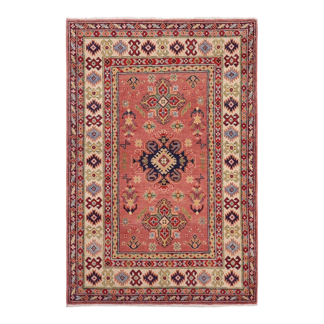 Bohemian Kazak Pink/Beige Wool Rug - 3'4''x4'10'' For Sale