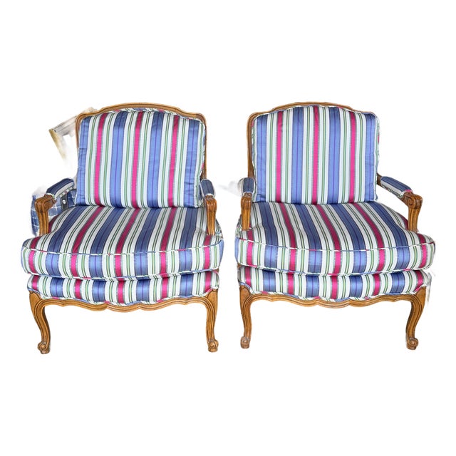 Pair Striped Baker Bergères For Sale