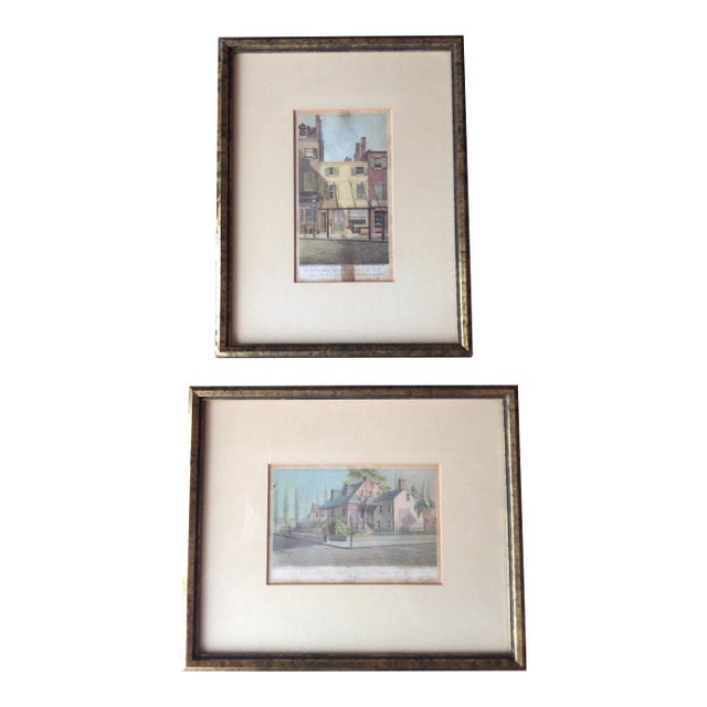 Vintage Architectural Hand Colored Etchings - a Pair For Sale