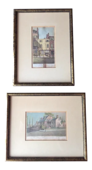 Vintage Architectural Hand Colored Etchings - a Pair