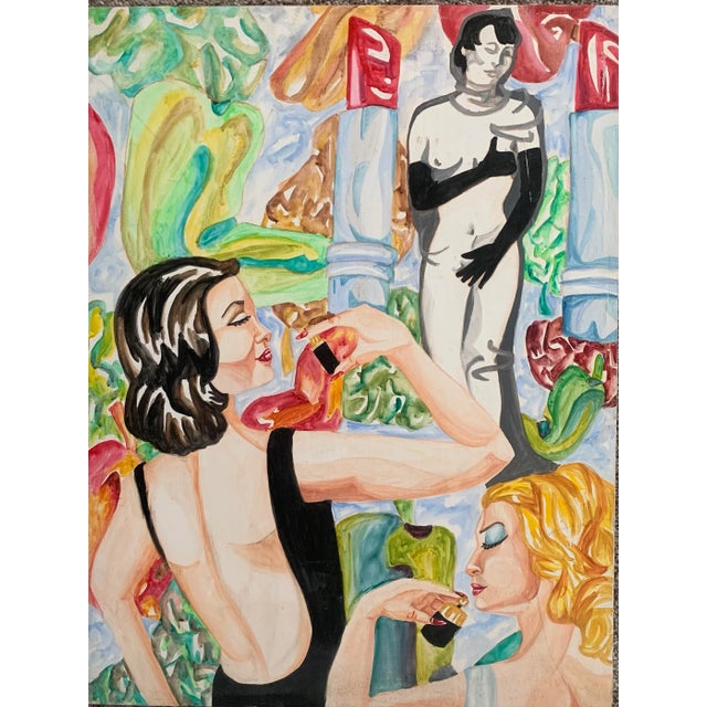 Modernist contemporary acrylic painting on wood, unsigned. Features three women, one nude, with perfume.