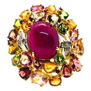 Bochic “Orient” Vintage Natural Ruby, Diamond & Multi Sapphire Ring Set In 18K G For Sale