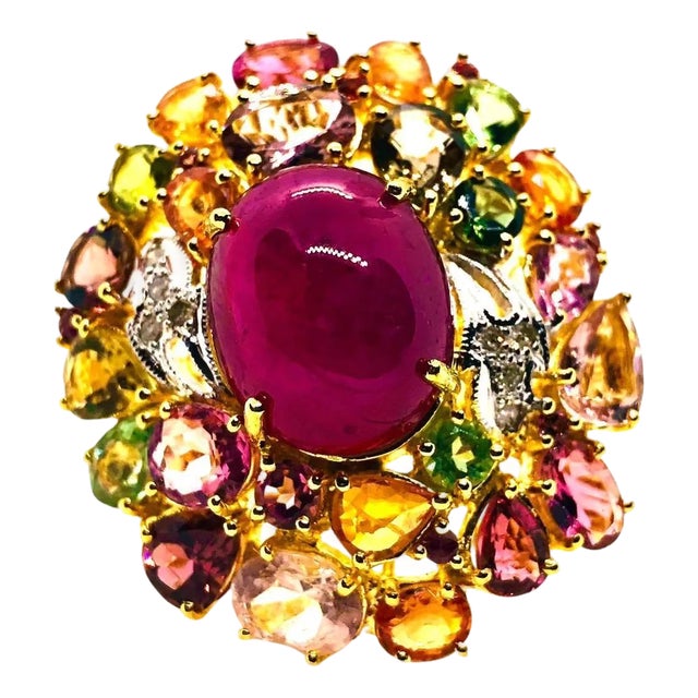 Bochic “Orient” Vintage Natural Ruby, Diamond & Multi Sapphire Ring Set In 18K G For Sale