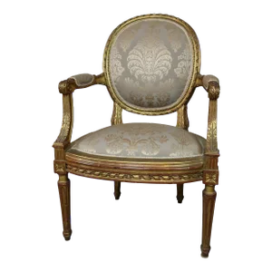 Louis XVI Style French Gilt Chair with Antique Damask Grey/Taupe Fabric