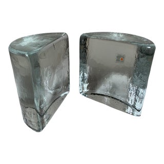Mid 20th Century Half Moon Ice Glass Bookends by Wayne Husted for Blenko Glass - a Pair For Sale