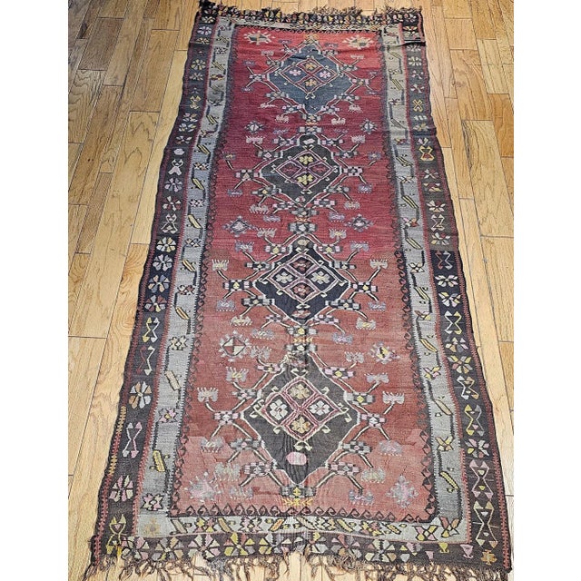 Early 20th Century Vintage Turkish Tribal Kilim, Flat-Woven Medallion Pattern, Burgundy & Ivory, 5’ X 11’ For Sale - Image 5 of 12