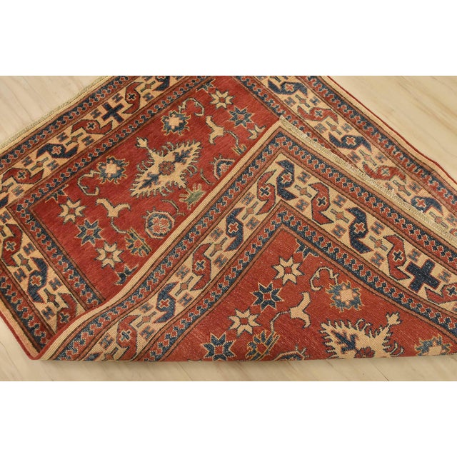 Kazak Rug 4′ X 5’4” Red Wool Tribal Hand-Knotted Oriental Carpet For Sale - Image 11 of 12