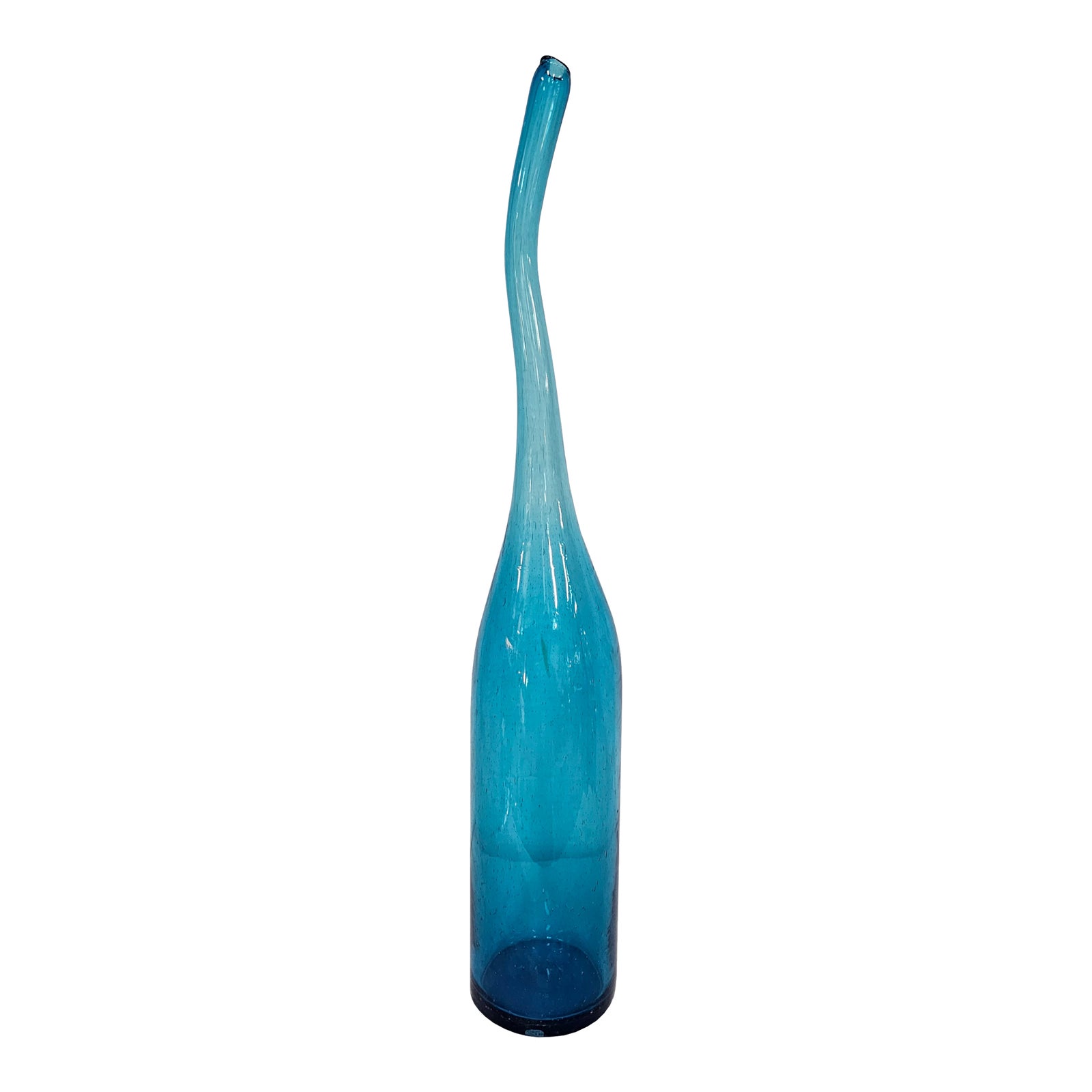 Mid Century Modern Hand Blown Cerulean Blue Art Glass Gooseneck Bottle