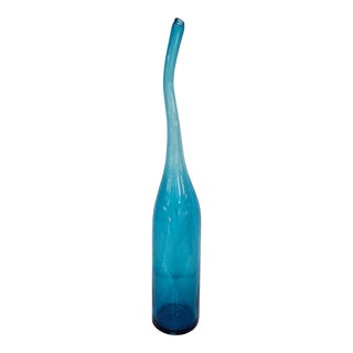 Mid Century Modern Hand Blown Cerulean Blue Art Glass Gooseneck Bottle Vase For Sale