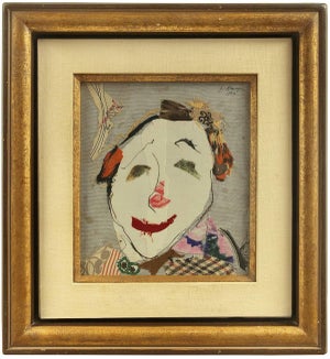 Ella Raayoni, Torn Fabric Collage Dada "Clown Face" Mid Century Modern Israeli