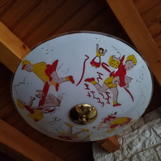 Opaline chandelier suspension with children's decorations: 4 different: 1 boy and 1 girl on a swing / 1 boy carrying a...