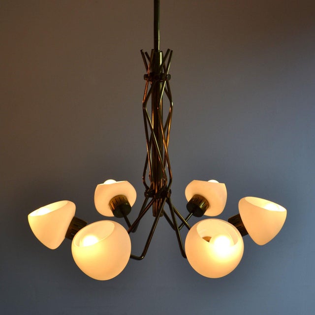 Opaline and Brass Italian Chandelier in the style of Stilnovo, 1950s For Sale - Image 8 of 14