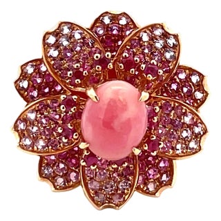 18k Rose Gold Conch Pearl, Ruby & Pink Sapphire Floral Ring, Size 6 For Sale