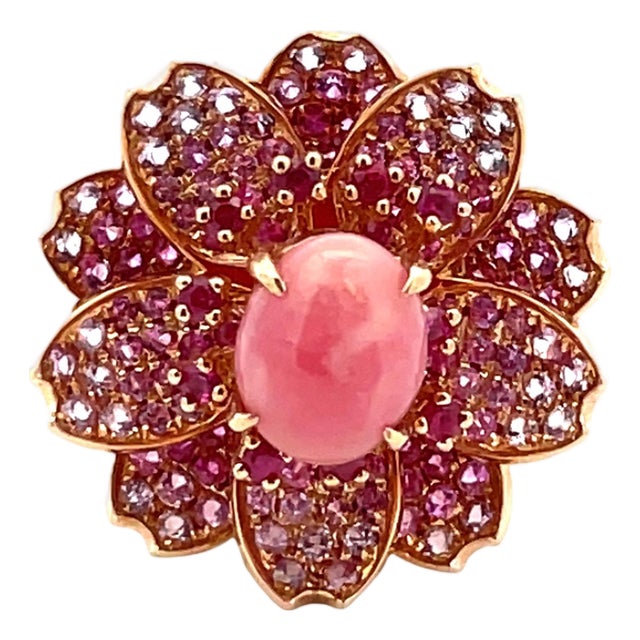 18k Rose Gold Conch Pearl, Ruby & Pink Sapphire Floral Ring, Size 6 For Sale