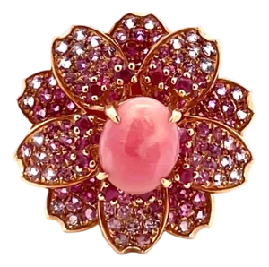 18k Rose Gold Conch Pearl, Ruby & Pink Sapphire Floral Ring, Size 6