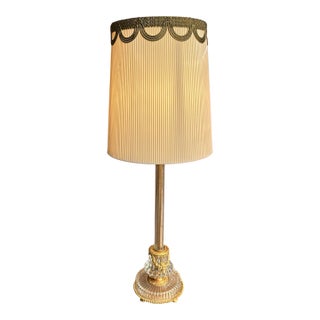 Vintage Mid-Century American Neoclassical Glass & Stamped Brass Table Lamp – With Custom Pleated Hard Plastic Shade For Sale